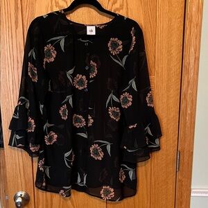CAbi La Di Da Black and Pink Floral Blouse
